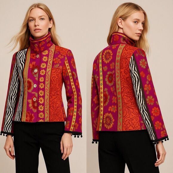 Azuleros NWT French Boho Jacquard Knit Jacket M Mix Print Flora Zebra Statement - Picture 10 of 16